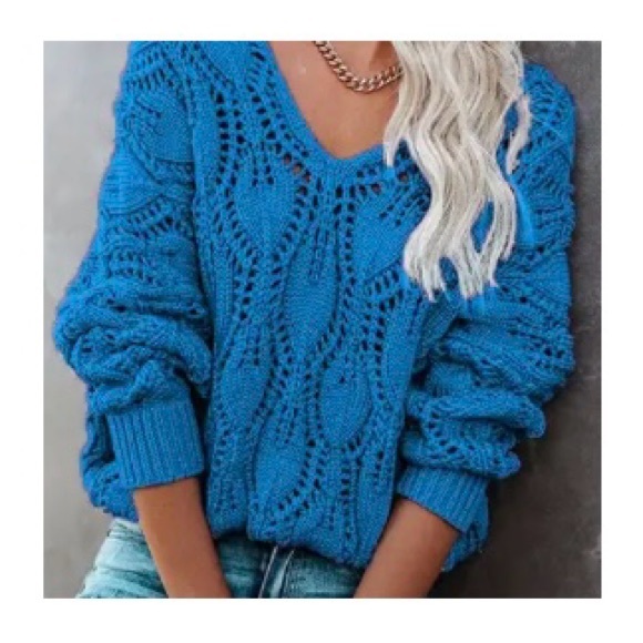 Blue V-Neck Sweater with Open-Knit Pattern - Picture 1 of 7